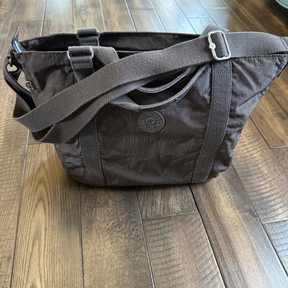 Kipling Asseni Medium Tote Bag Espresso Brown Crinkle Nylon Crossbody Handbag